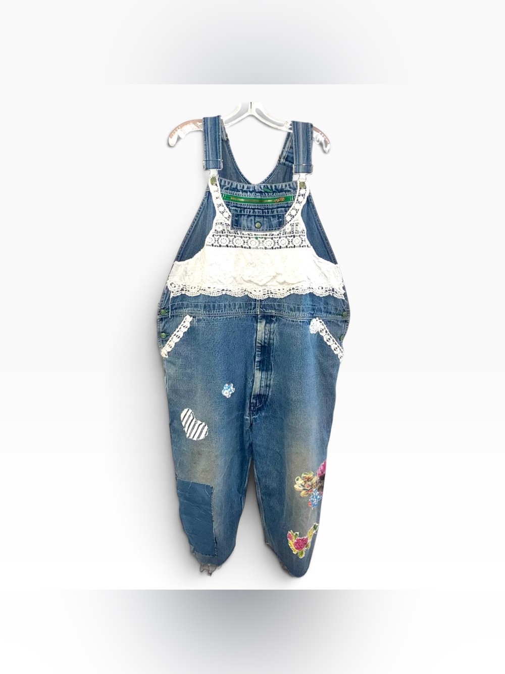 Women’s Upcycled Liberty Overalls Size 2X Flower Power Boho Distressed Patched